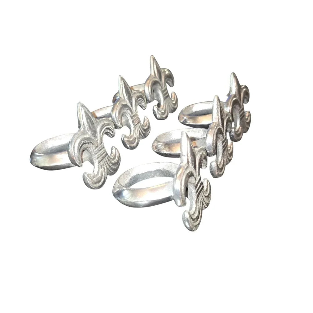 IHI Fleur De Lis Napkin Rings Silver‎ Tone Pewter Set of 6 French Country 2.25